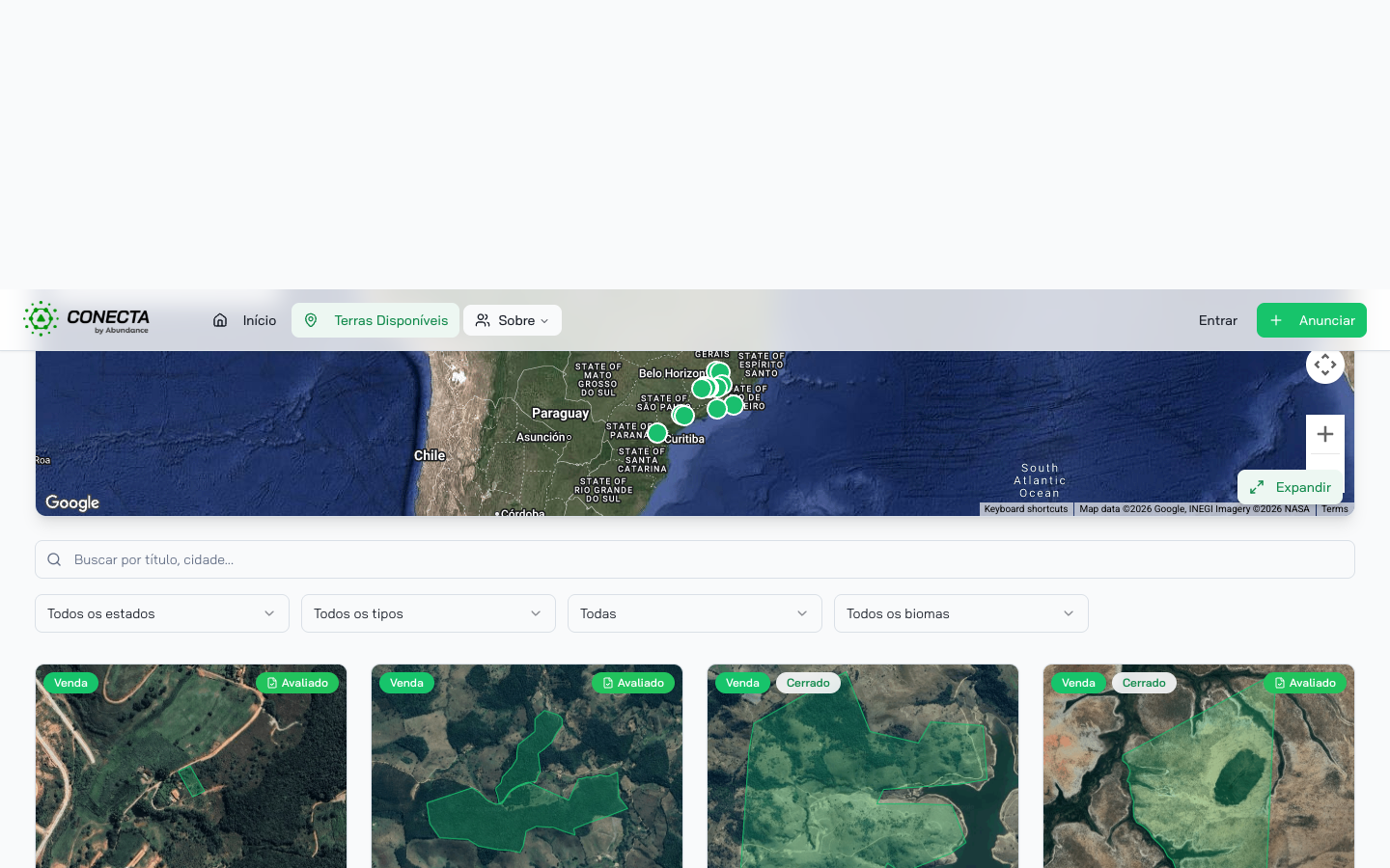 Marketplace do Conecta Terras com imóveis reais à venda e mapa de satélite