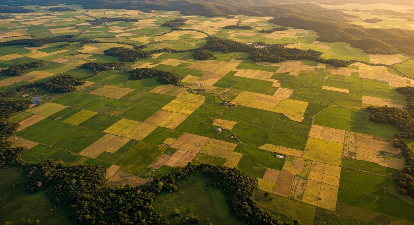 Vista aérea de lavouras e fragmentos de mata no fim da tarde
